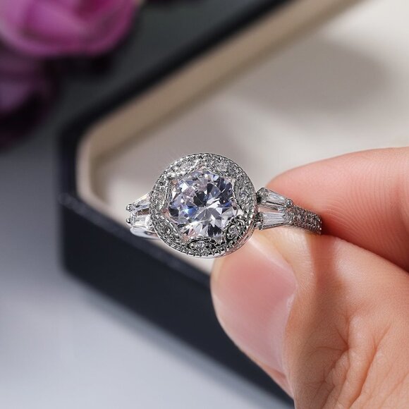 Statement CZ Flower 925 Silver Plated Vintage Wedding Ring for Women, L064